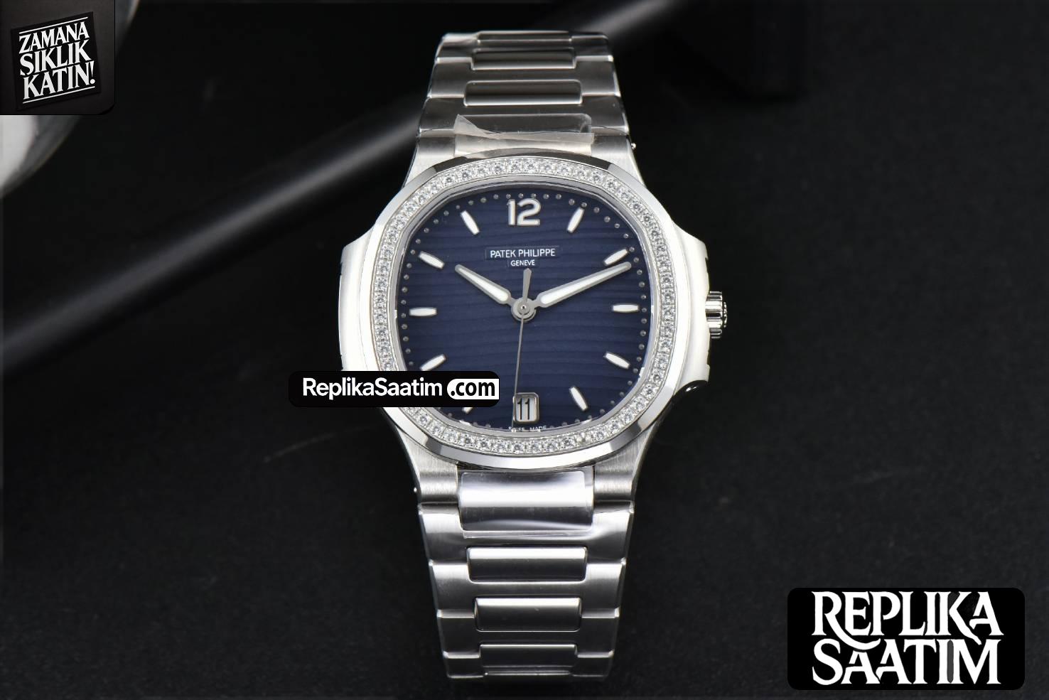 Nautilus 7118 Ladies 3KF 35MM Diamond Blue Dial SS Bracelet 324CS -04