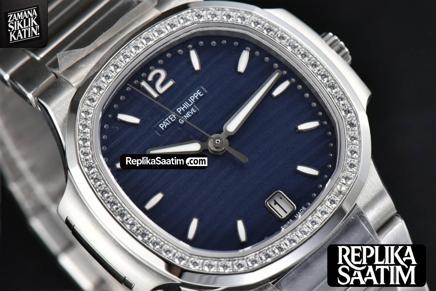 Nautilus 7118 Ladies 3KF 35MM Diamond Blue Dial SS Bracelet 324CS -11