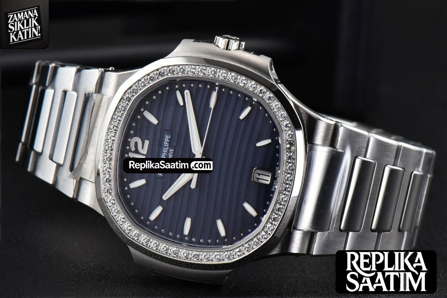 Nautilus 7118 Ladies 3KF 35MM Diamond Blue Dial SS Bracelet 324CS -12