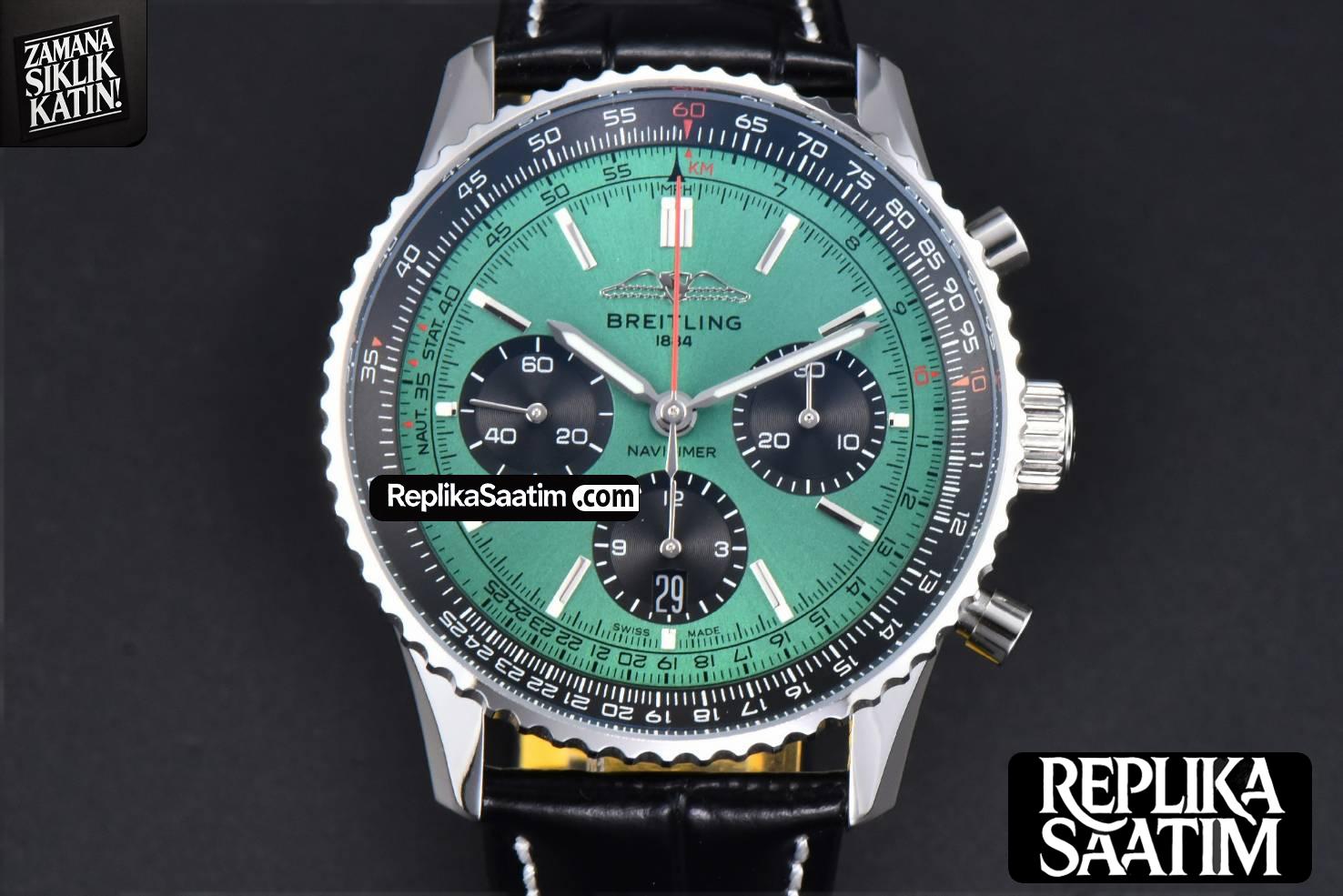 Navitimer B01 43mm BLSF Green Dial Black Subdial Black Leather Strap A7750 -01