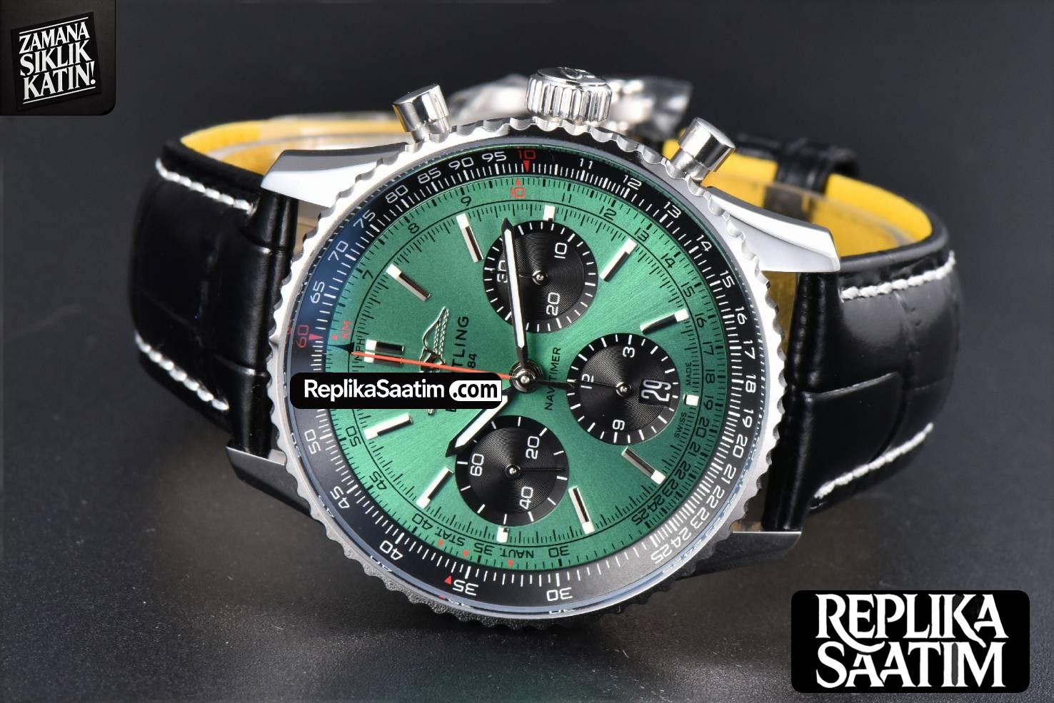 Navitimer B01 43mm BLSF Green Dial Black Subdial Black Leather Strap A7750 -12