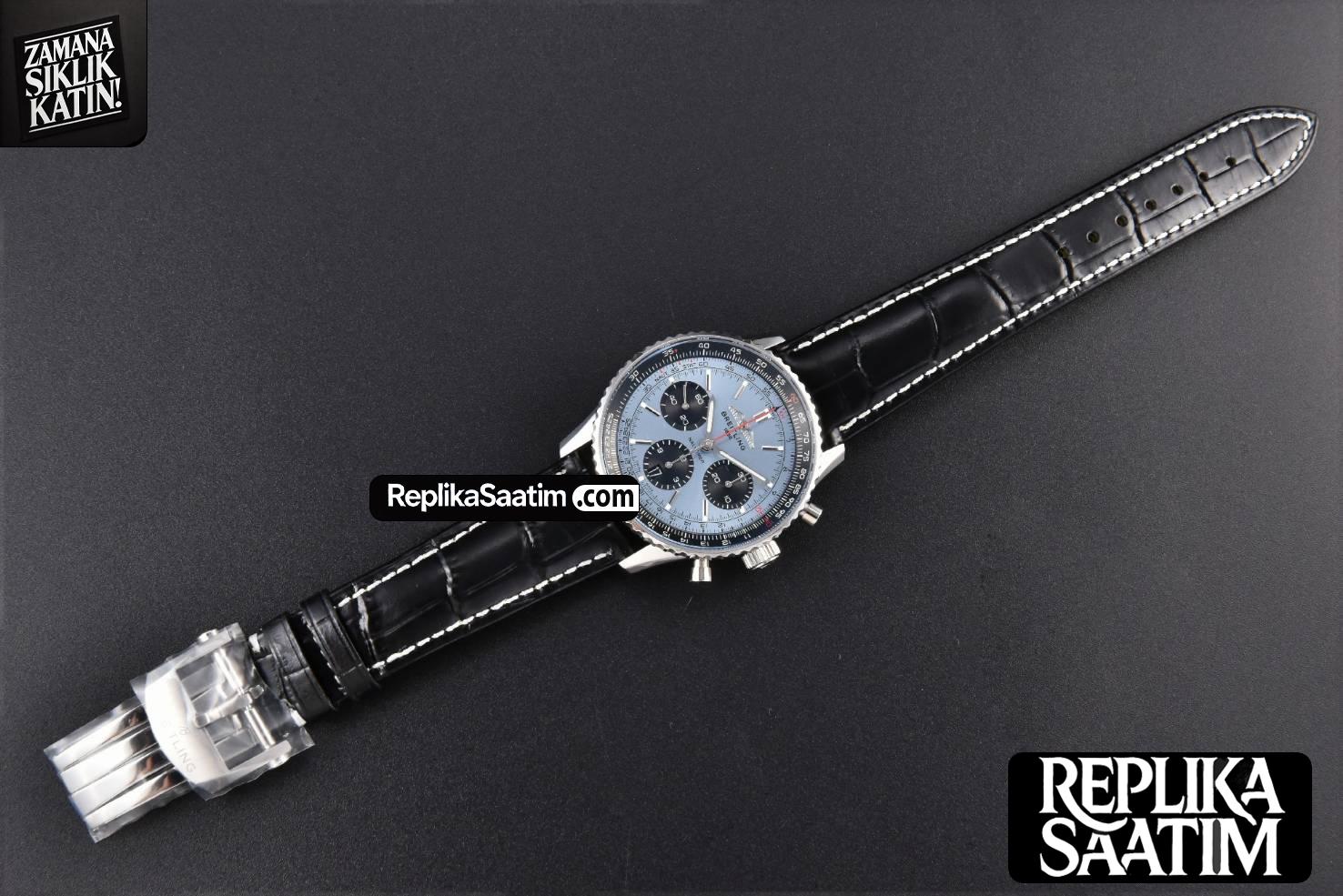 Navitimer B01 43mm BLSF Ice Blue Dial Black Subdial Black Leather Strap A7750 -28