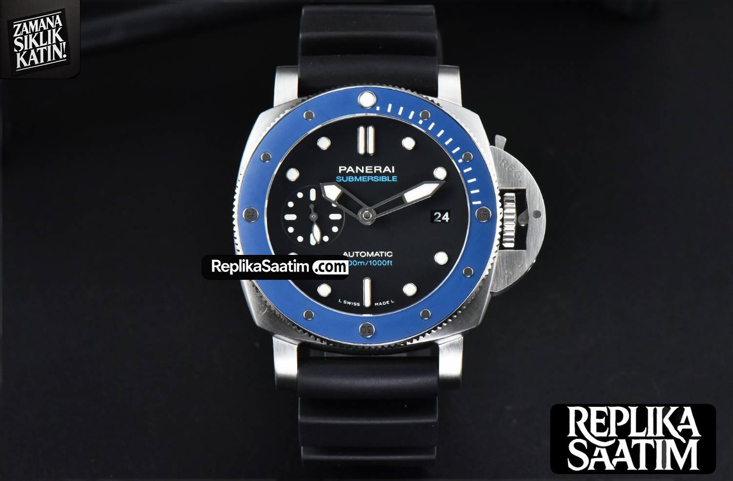 PAM1209 Submersible 42mm VSF Black Dial Blue Bezel Black Rubber Strap P9000 -02