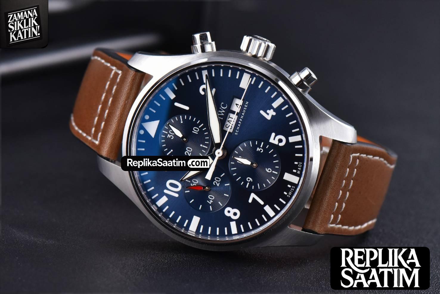 Pilot Chrono Spitfire IW377714 ZF 43MM Blue Dial Brown Leather Strap A7750 -03