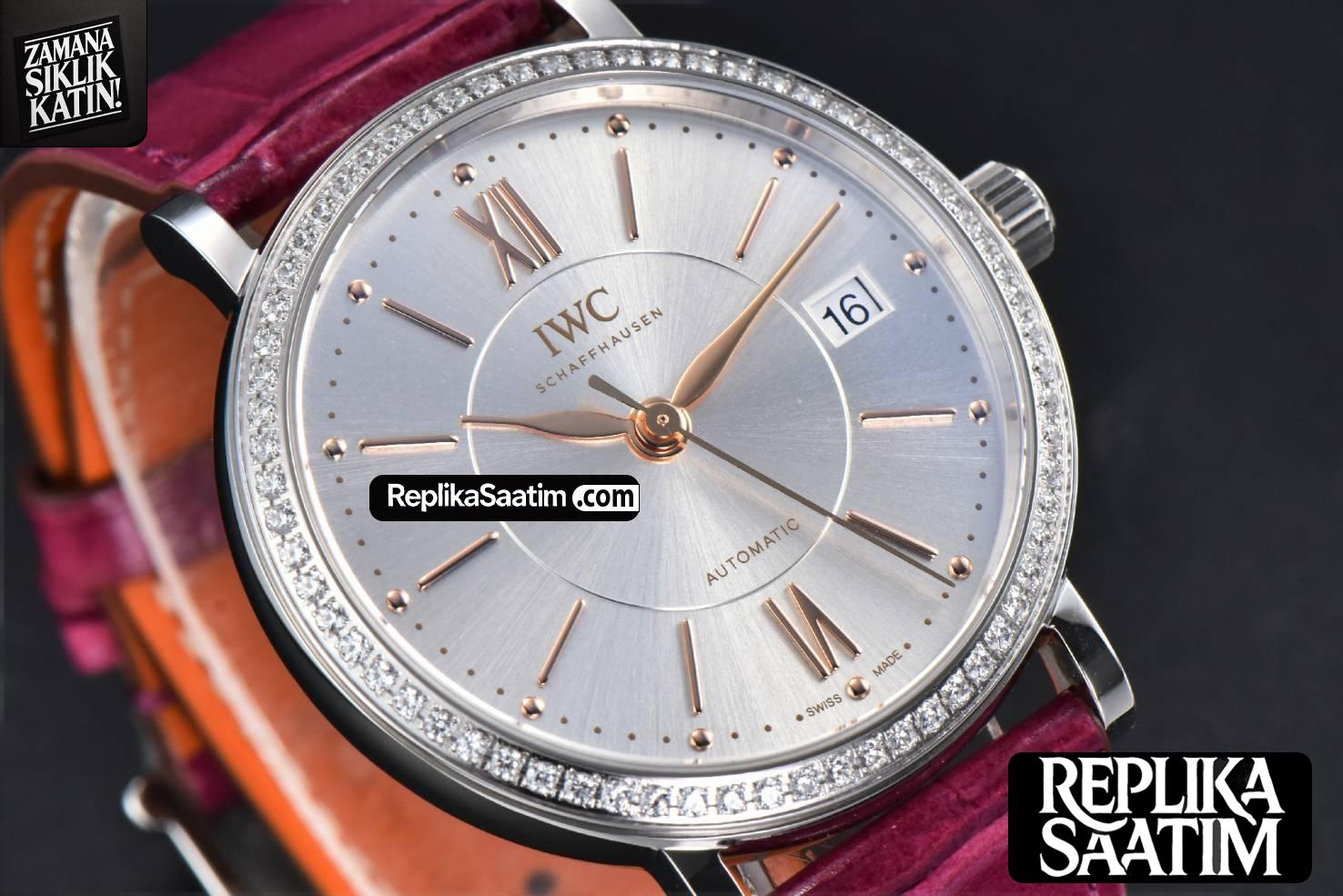 Portofino V7F 37MM Diamond Silver Dial RG Marker Pink Leather Strap A2892 -11