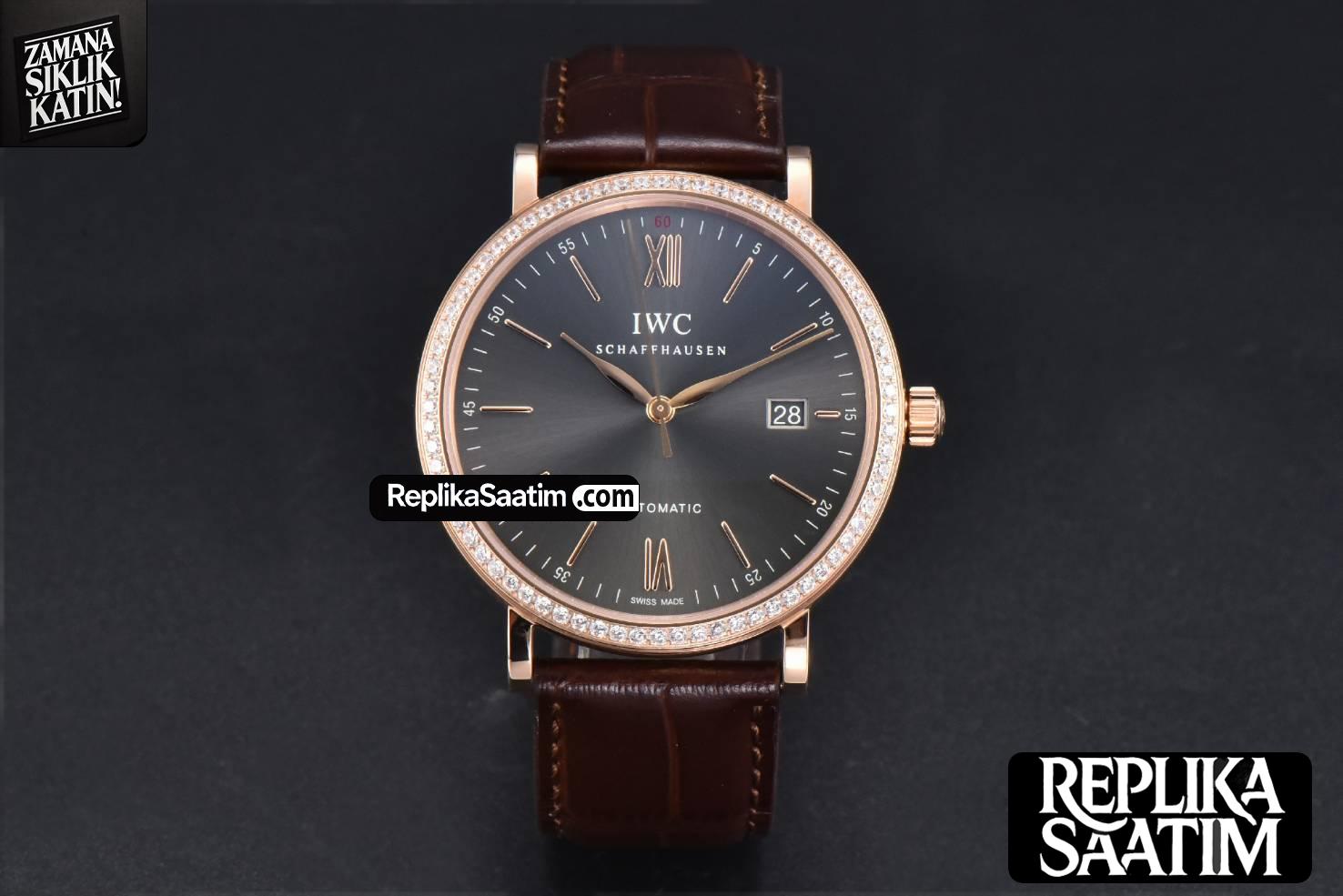 Portofino V7F 40MM RG Diamond Gray Dial RG Marker Brown Leather Strap A2892 -02