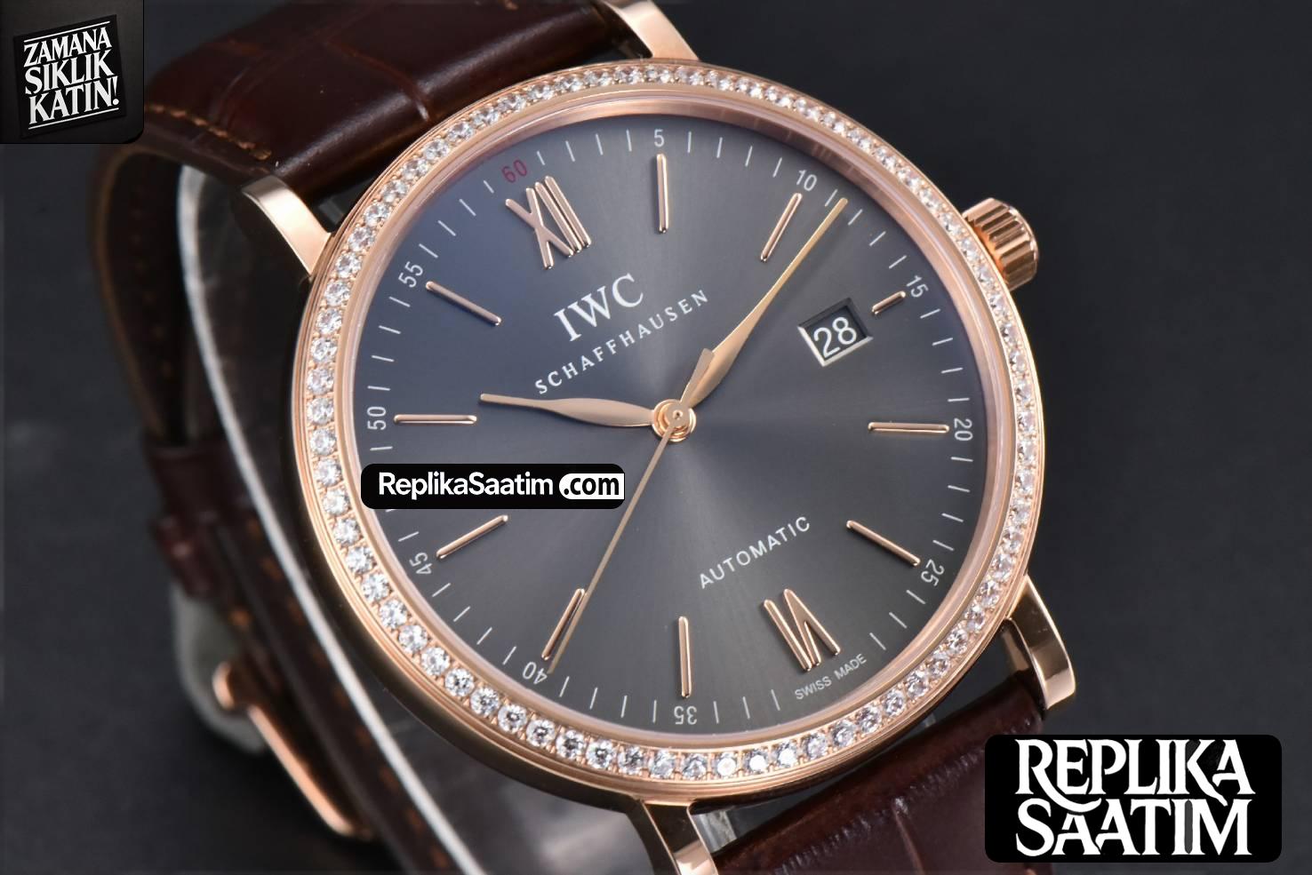Portofino V7F 40MM RG Diamond Gray Dial RG Marker Brown Leather Strap A2892 -11