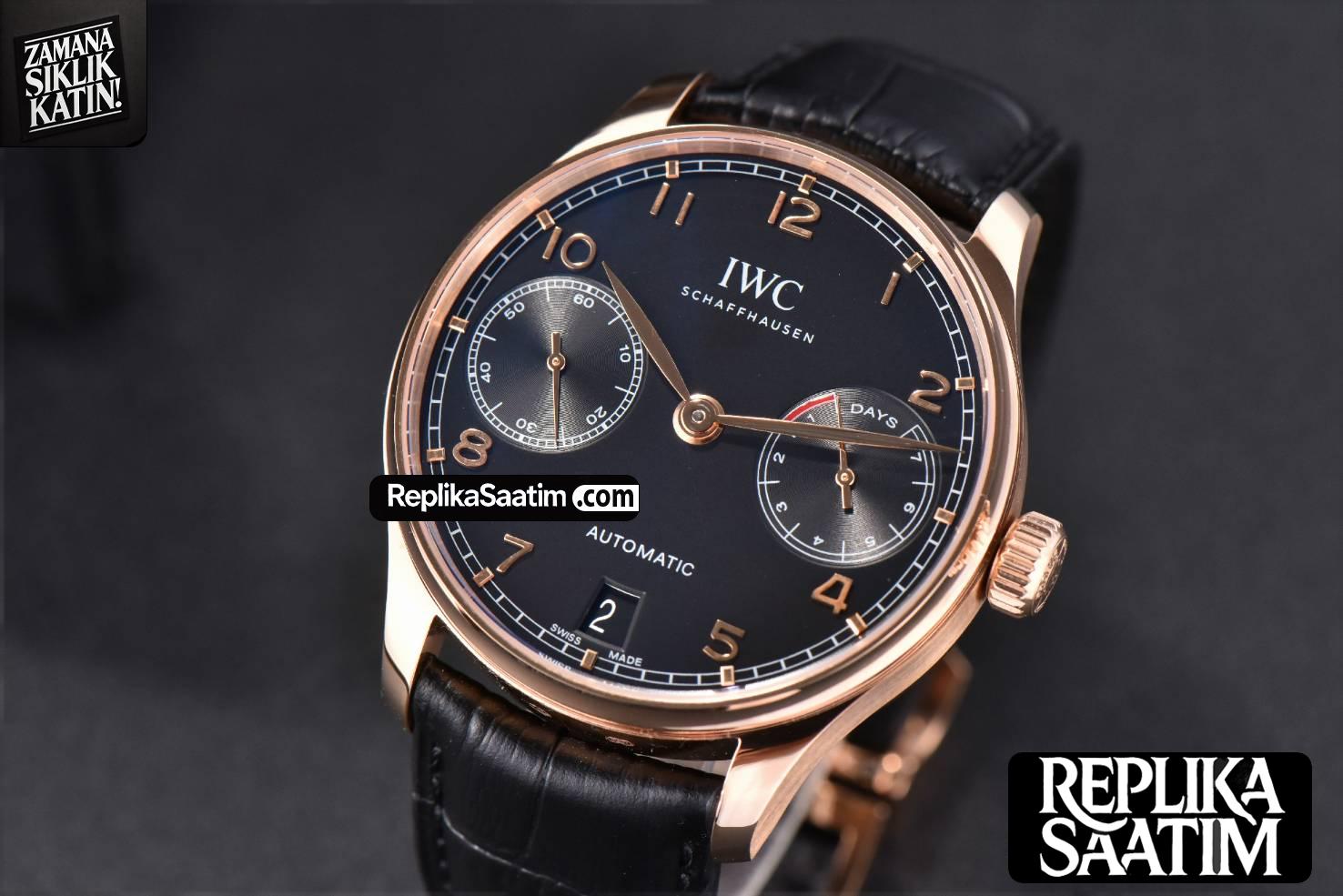 Portuguese Real PR IW500107 RG ZF 42MM Black Dial Black Leather Strap -04