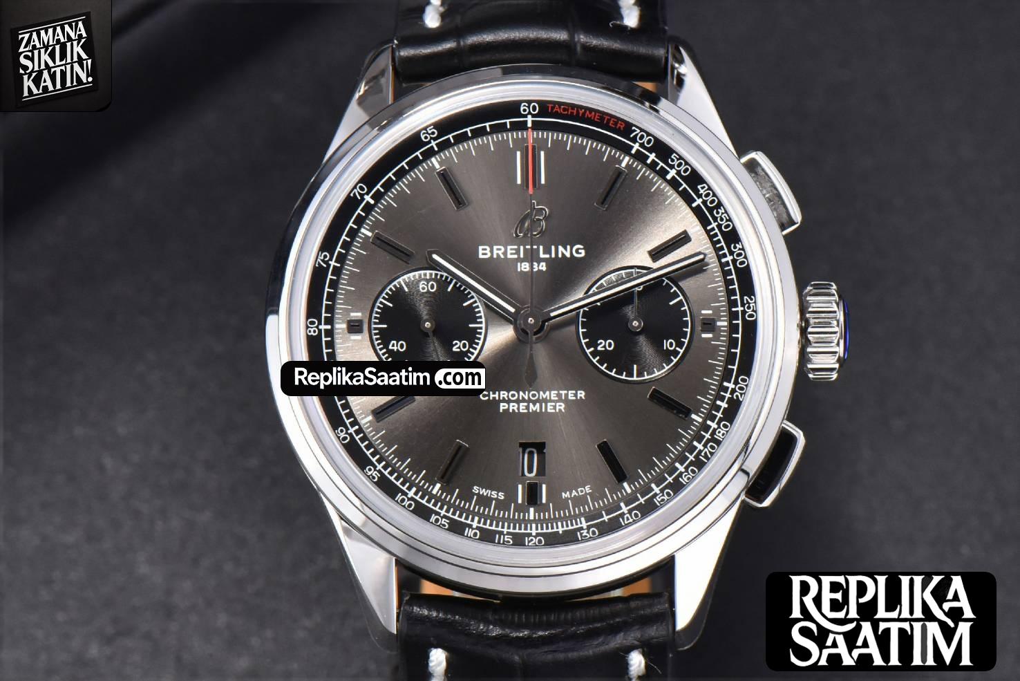 Premier B01 Chrono GF 42MM Gray Dial Black Leather Strap A7750 -02