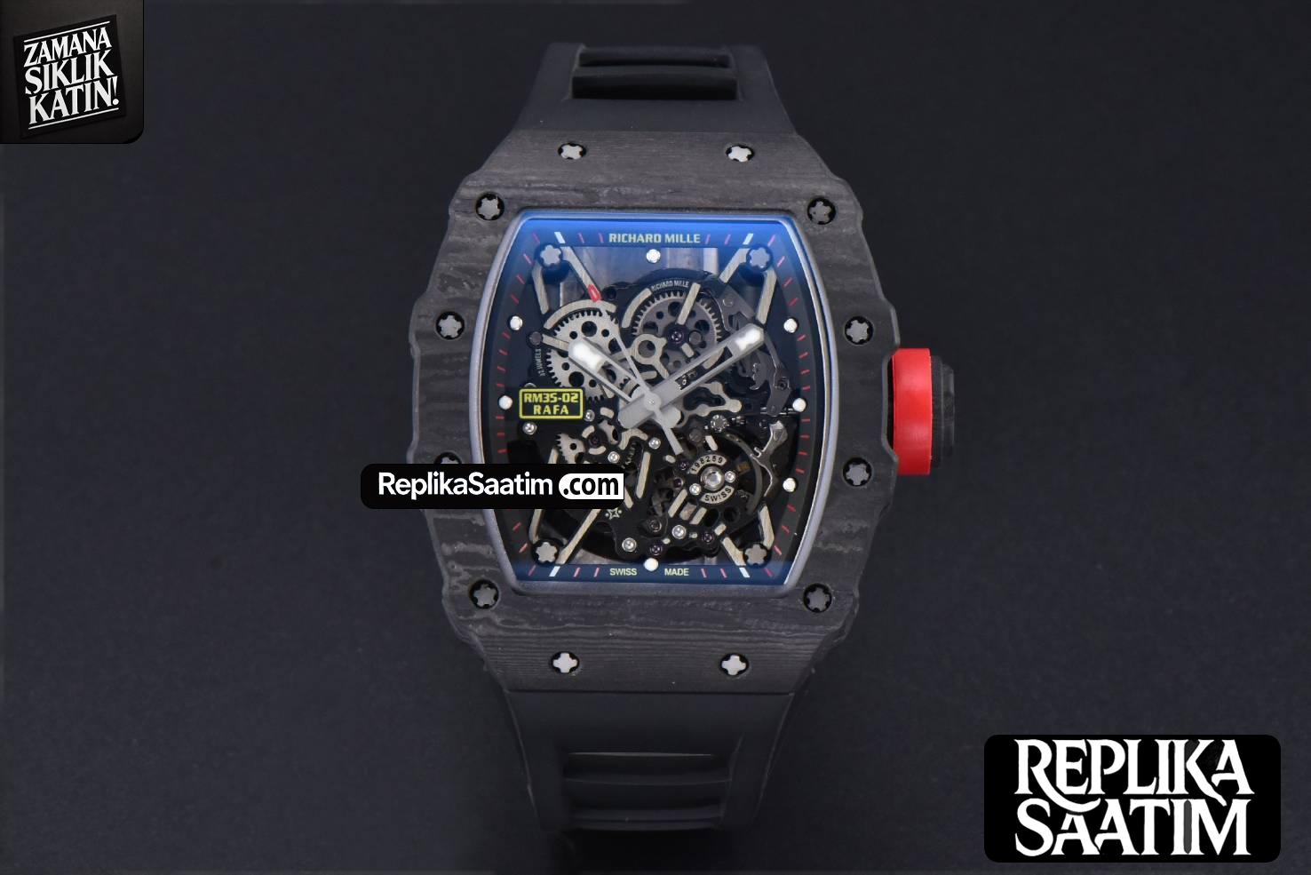 RM035-02 42mm Black Forged Carbon T+F Skeleton Dial Red Crown Black Rubber Strap RMUL2 -01