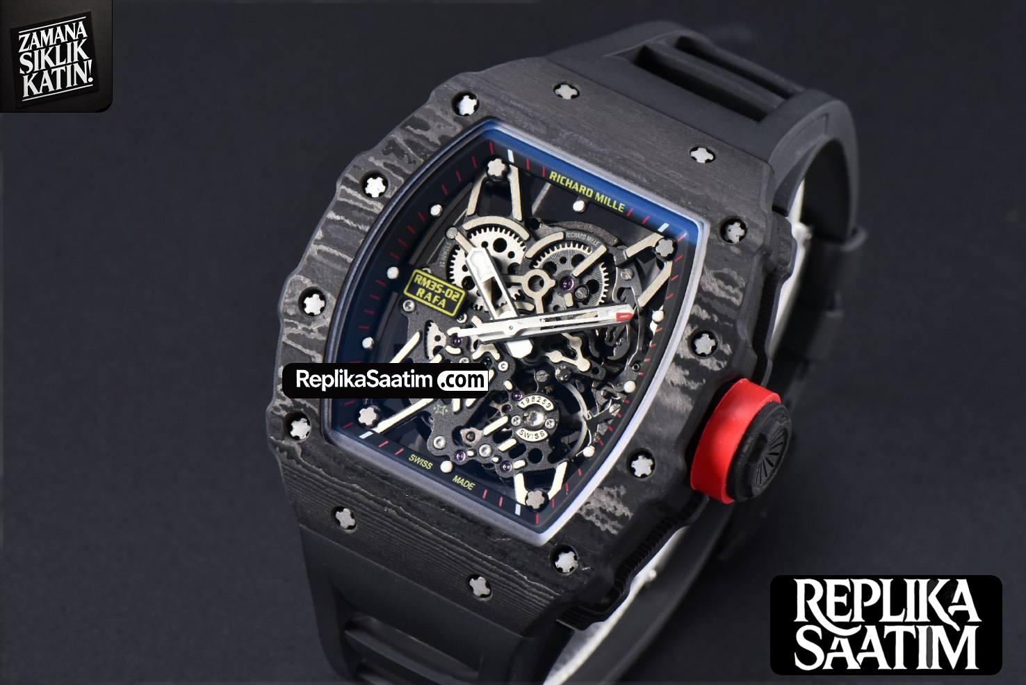 RM035-02 42mm Black Forged Carbon T+F Skeleton Dial Red Crown Black Rubber Strap RMUL2 -02