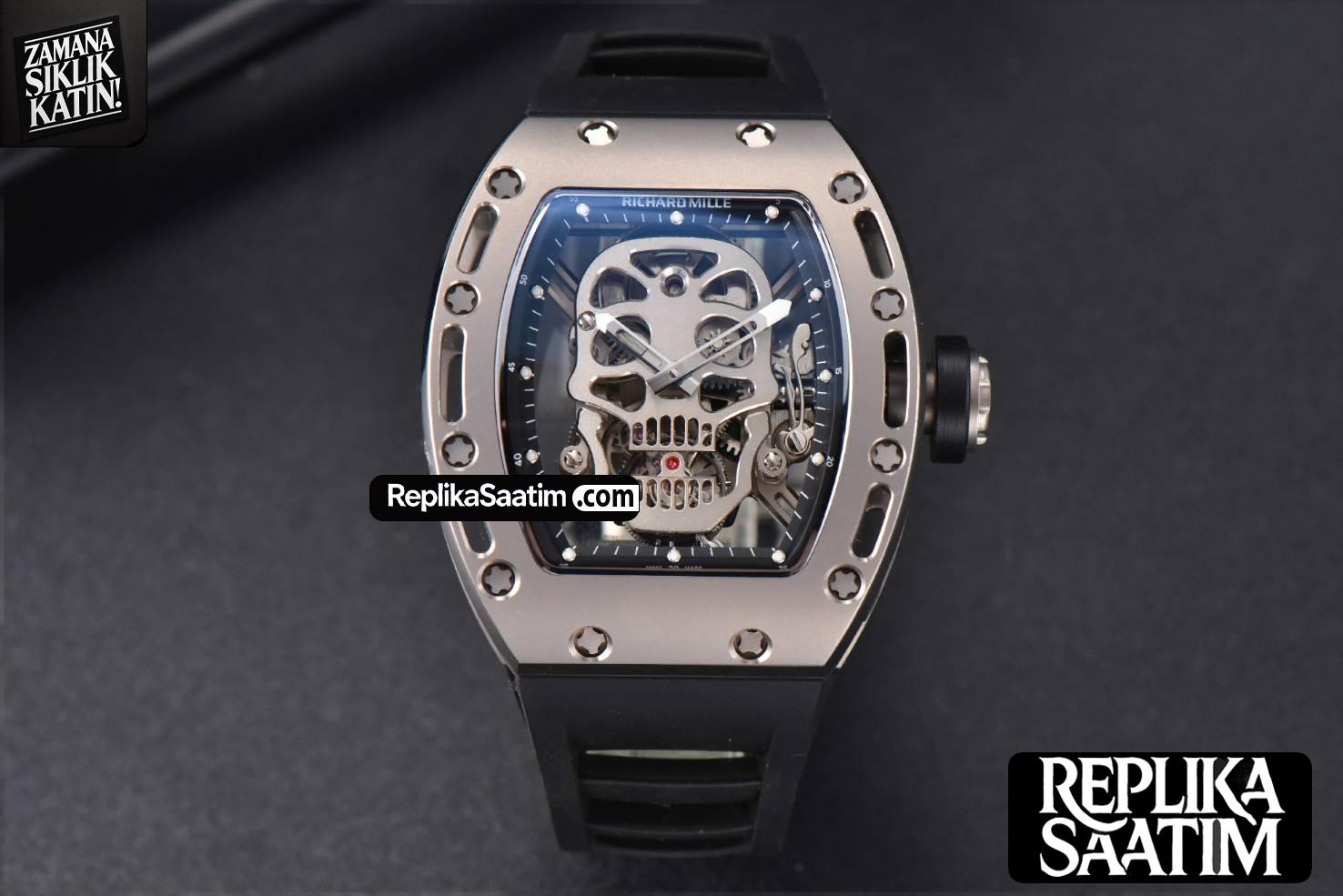 RM052 Skull Titanium Real Tourbillon 50mmx42mm JBF Skeleton Dial on Black Rubber Strap -01