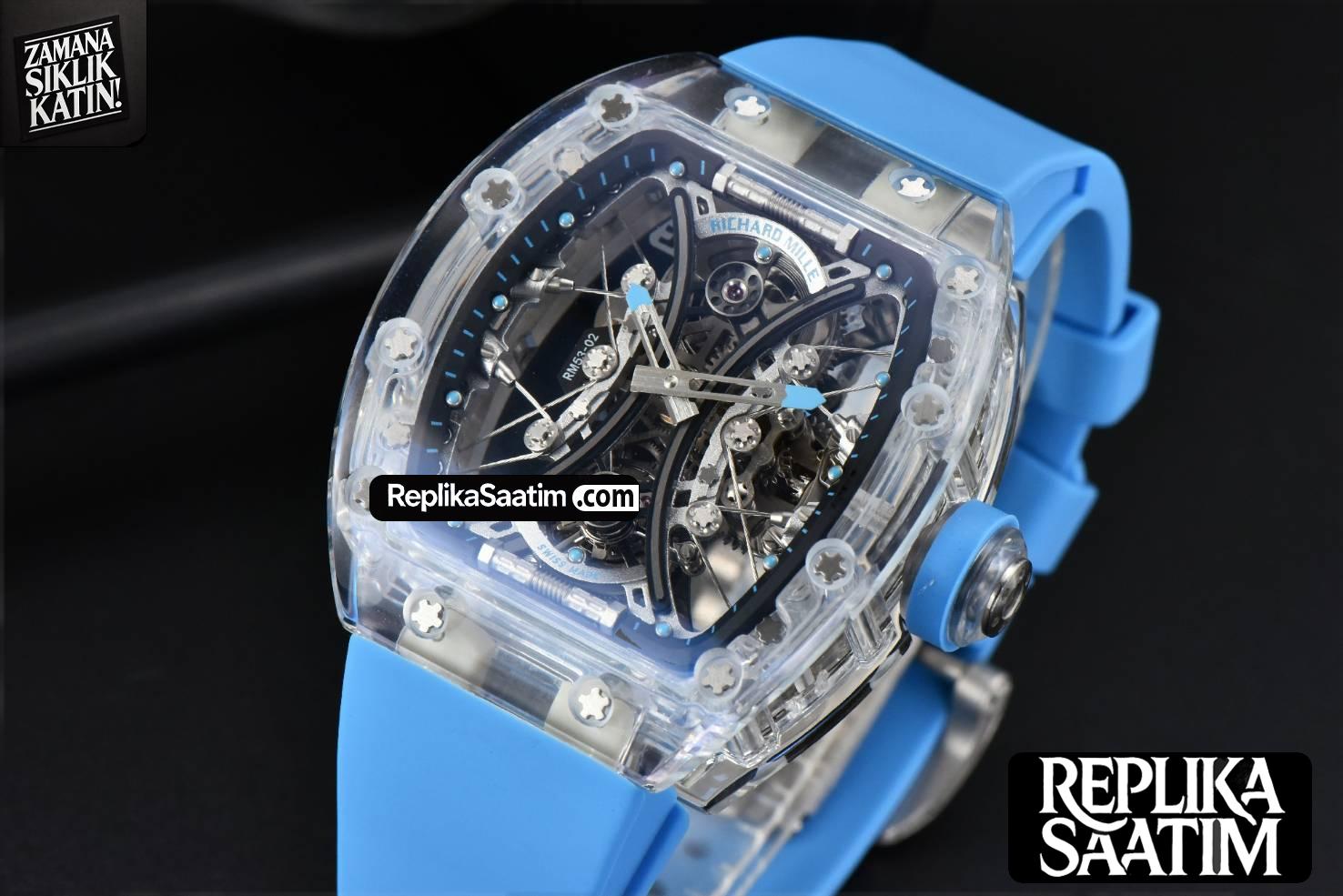 RM053-02 Transparent Case Real Tourbillon 44.5mm JBF Ice Blue Rubber Strap -03