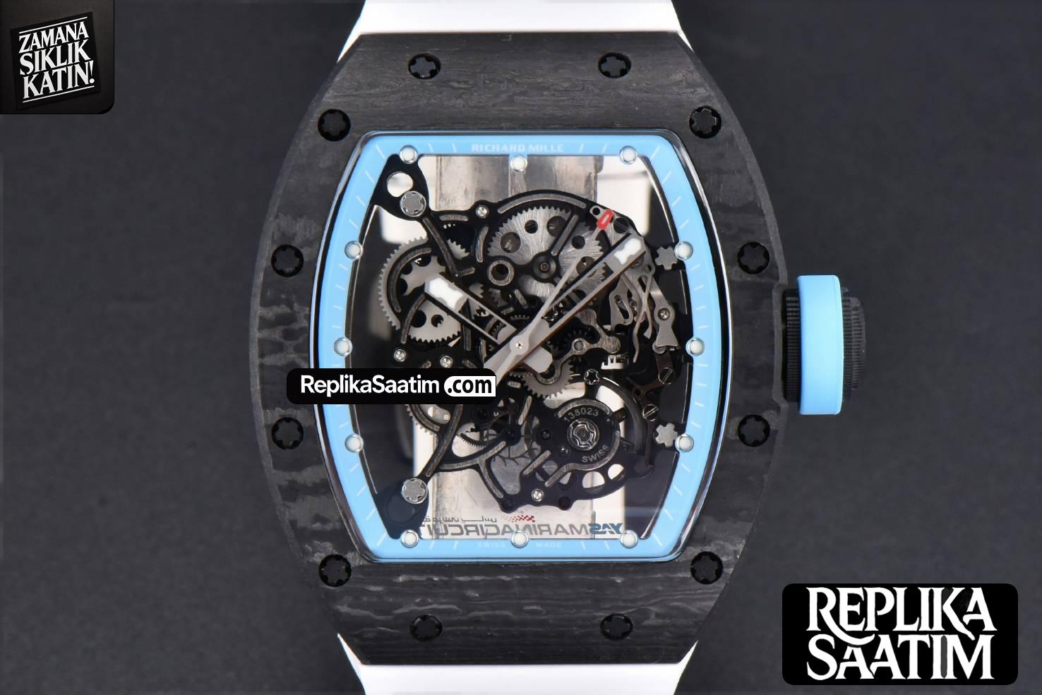 RM055 Real NTPT 42.7mm BBRF Blue Skeleton Dial White Rubber Strap RMUL2 -01
