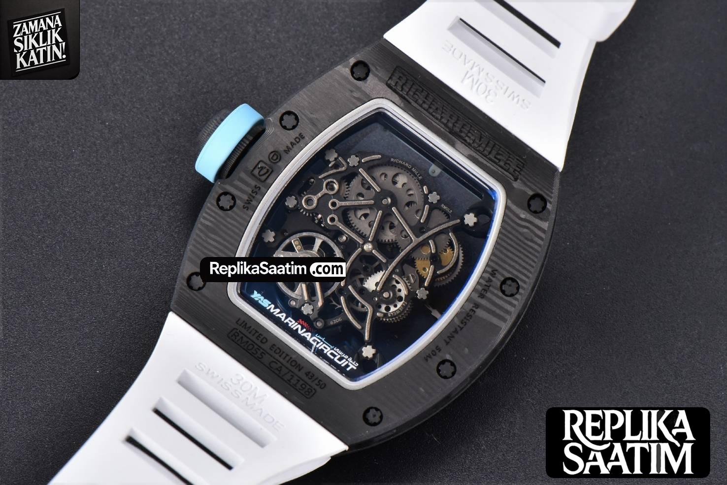 RM055 Real NTPT 42.7mm BBRF Blue Skeleton Dial White Rubber Strap RMUL2 -17