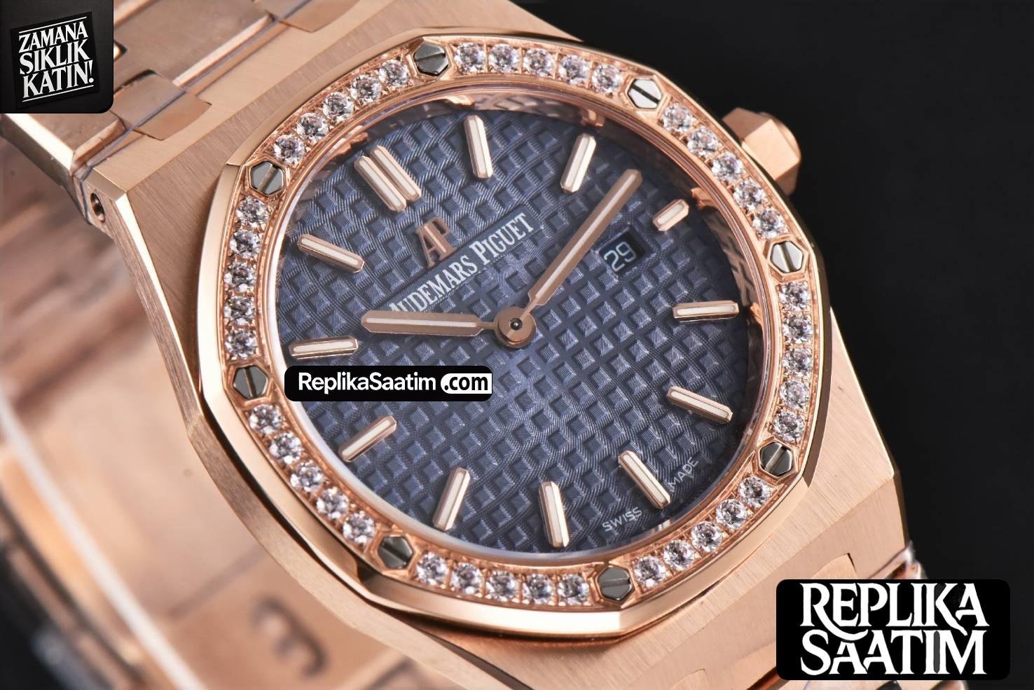 Royal Oak Ladies 33mm RG 8F Diamond Blue Dial RG Bracelet Swiss Quartz -12