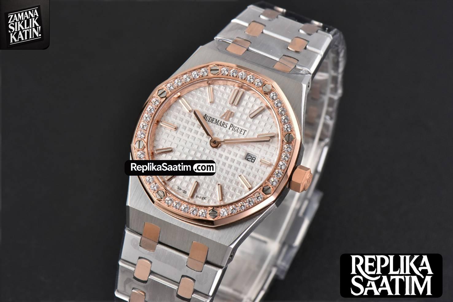 Royal Oak Ladies 33mm RG/SS 8F Diamond White Dial RG/SS Bracelet Swiss Quartz -04