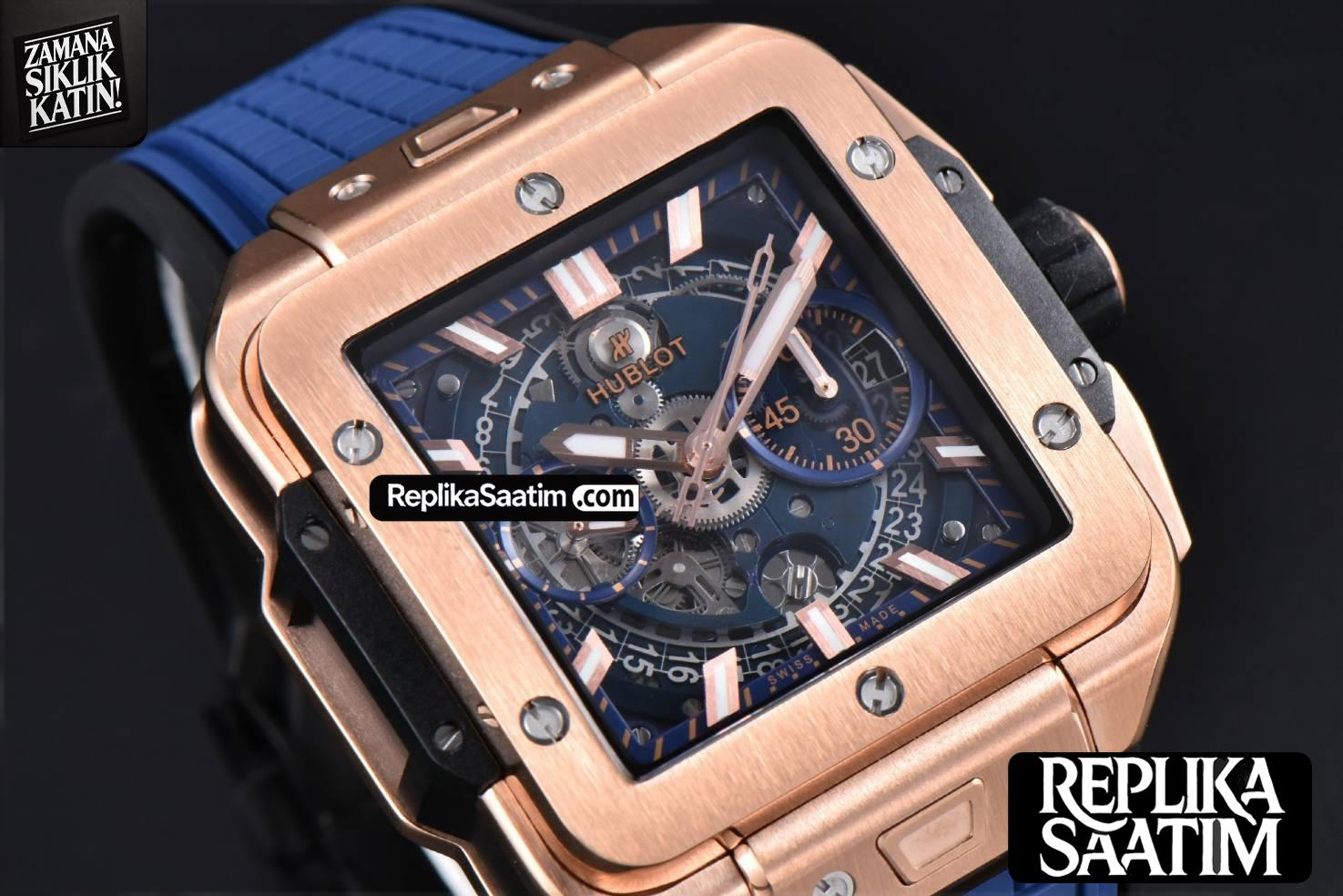 Square Bang Unico 42mm  BBF RG Blue Skeleton Dial on Blue Rubber Strap A1280 -11