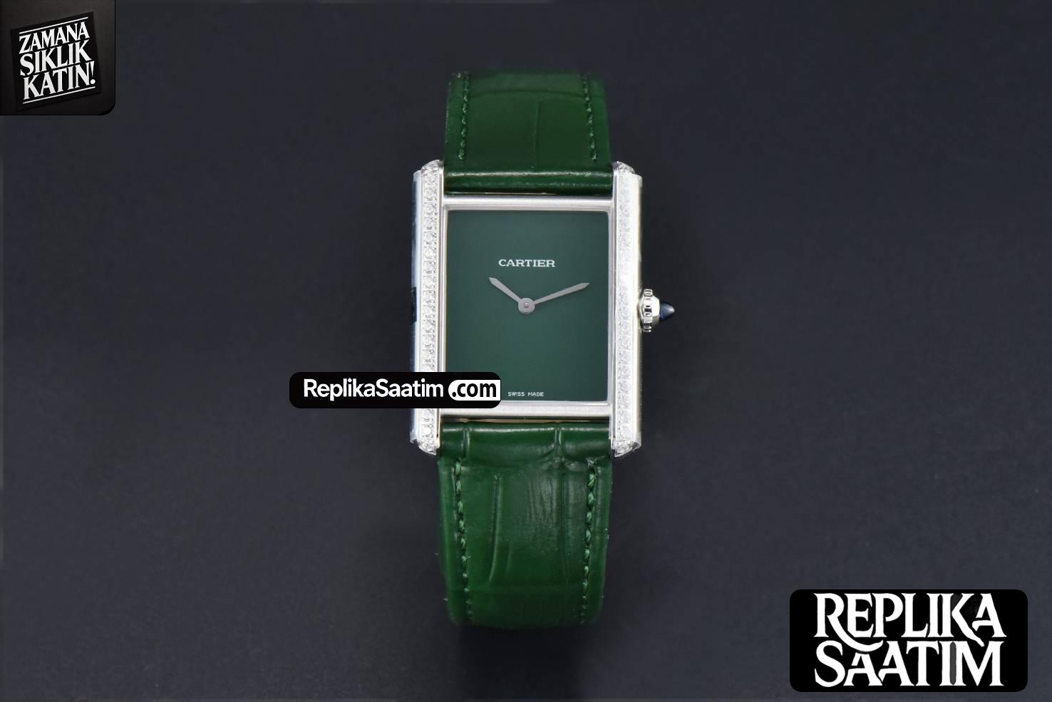 Tank Must Large 33.7×25.5mm K11F Diamond Bezel Green Dial Green Leather Strap Quartz -01