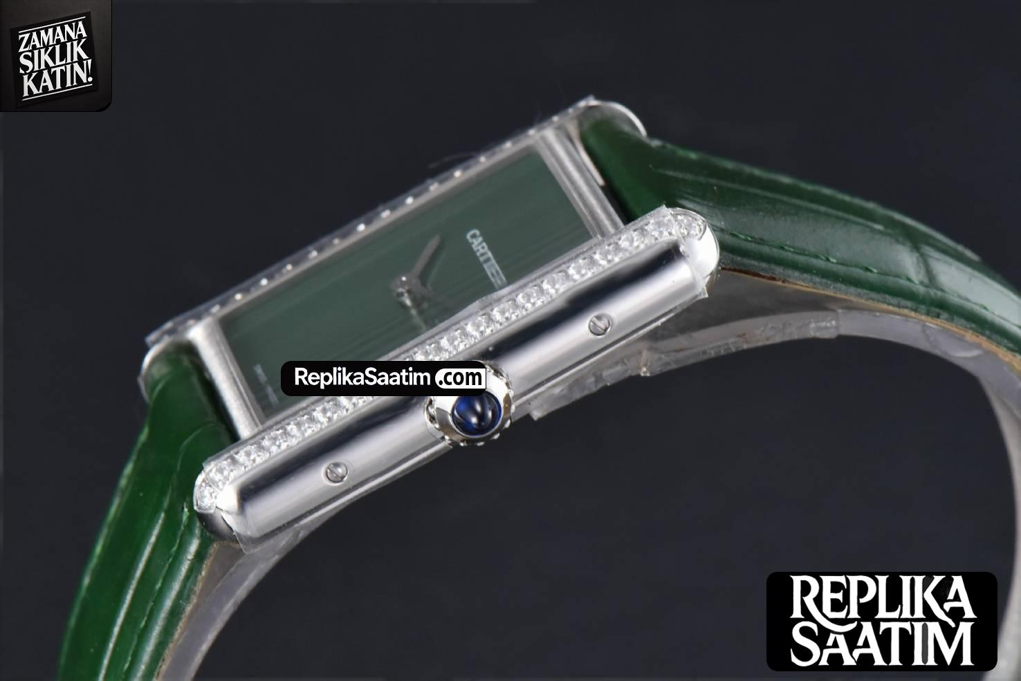 Tank Must Large 33.7×25.5mm K11F Diamond Bezel Green Dial Green Leather Strap Quartz -06