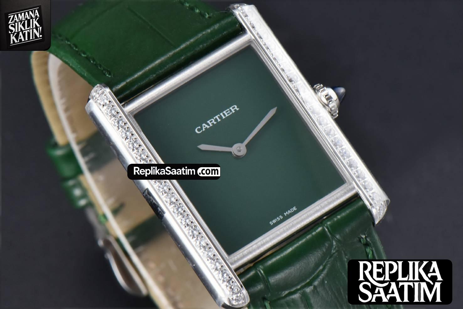 Tank Must Large 33.7×25.5mm K11F Diamond Bezel Green Dial Green Leather Strap Quartz -07