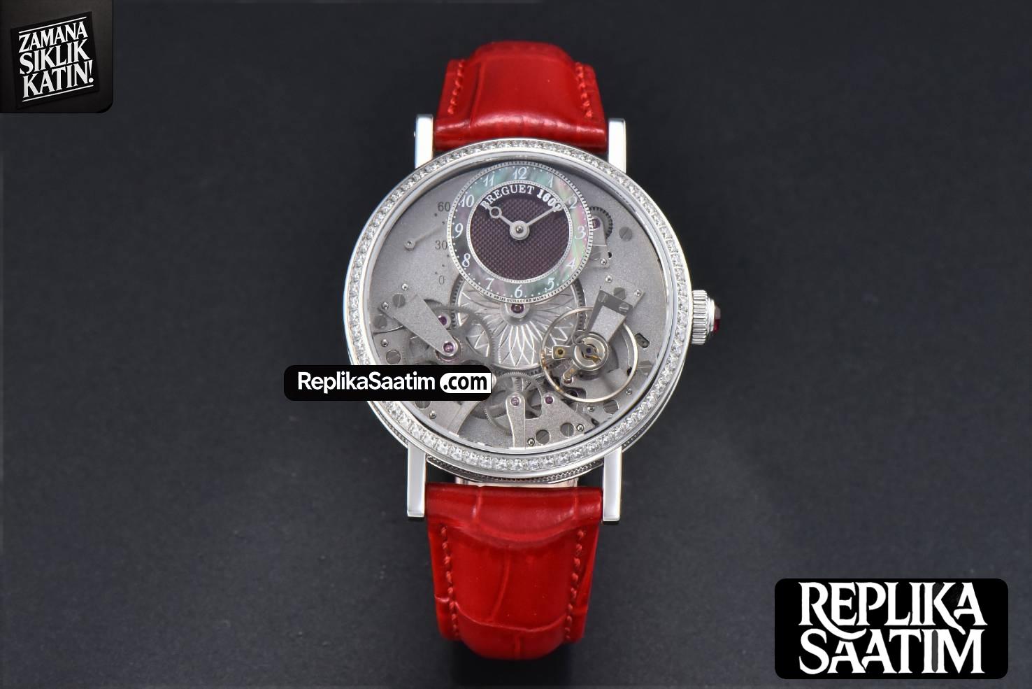 Tradition 7038BB ZF 40MM Diamond White Dial Red Leather Strap A505 -01