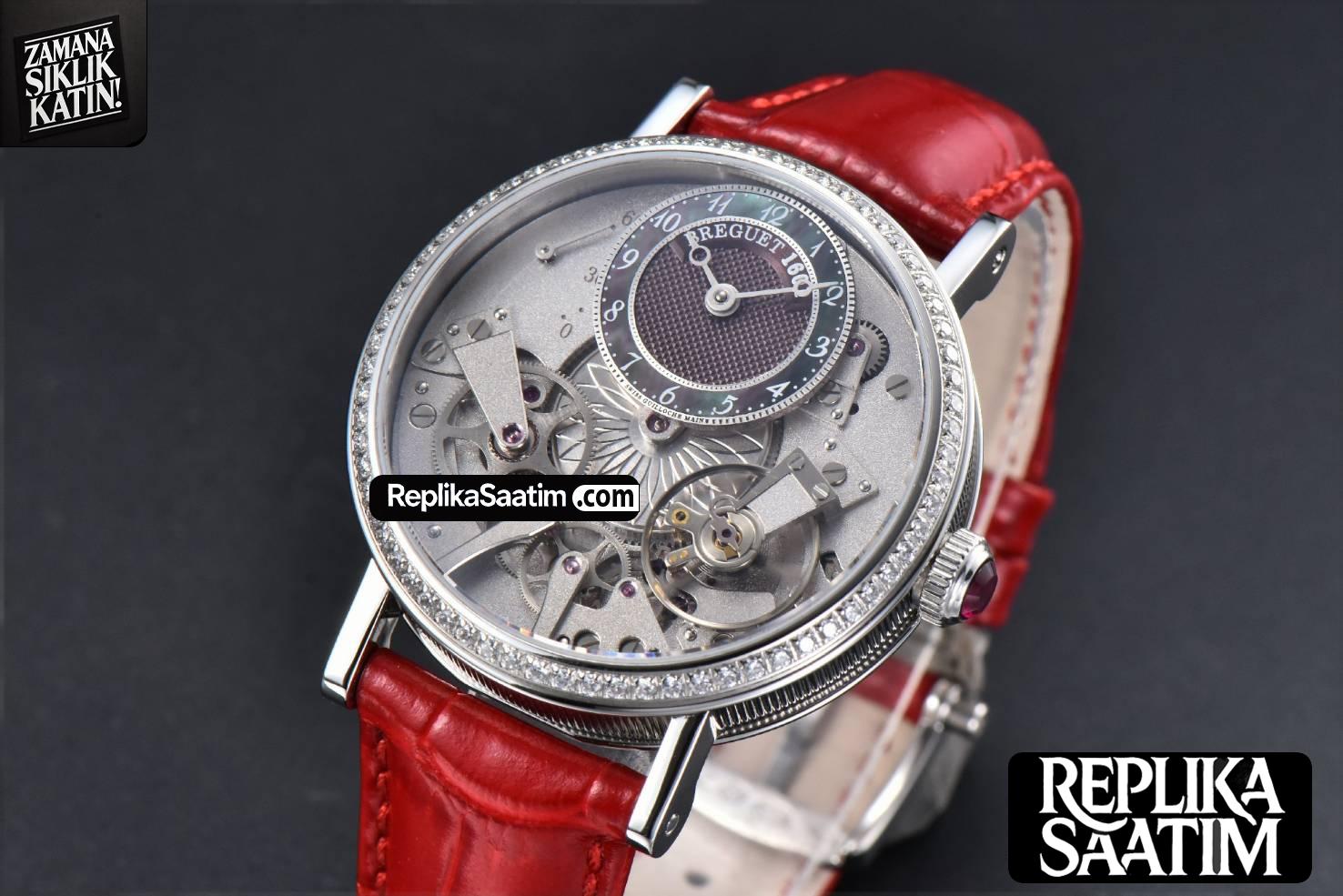 Tradition 7038BB ZF 40MM Diamond White Dial Red Leather Strap A505 -02