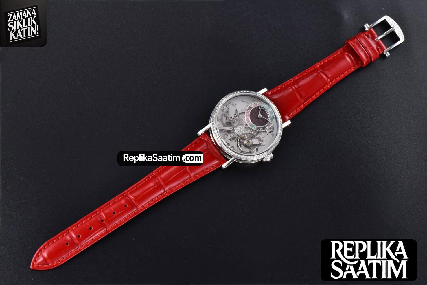 Tradition 7038BB ZF 40MM Diamond White Dial Red Leather Strap A505 -24