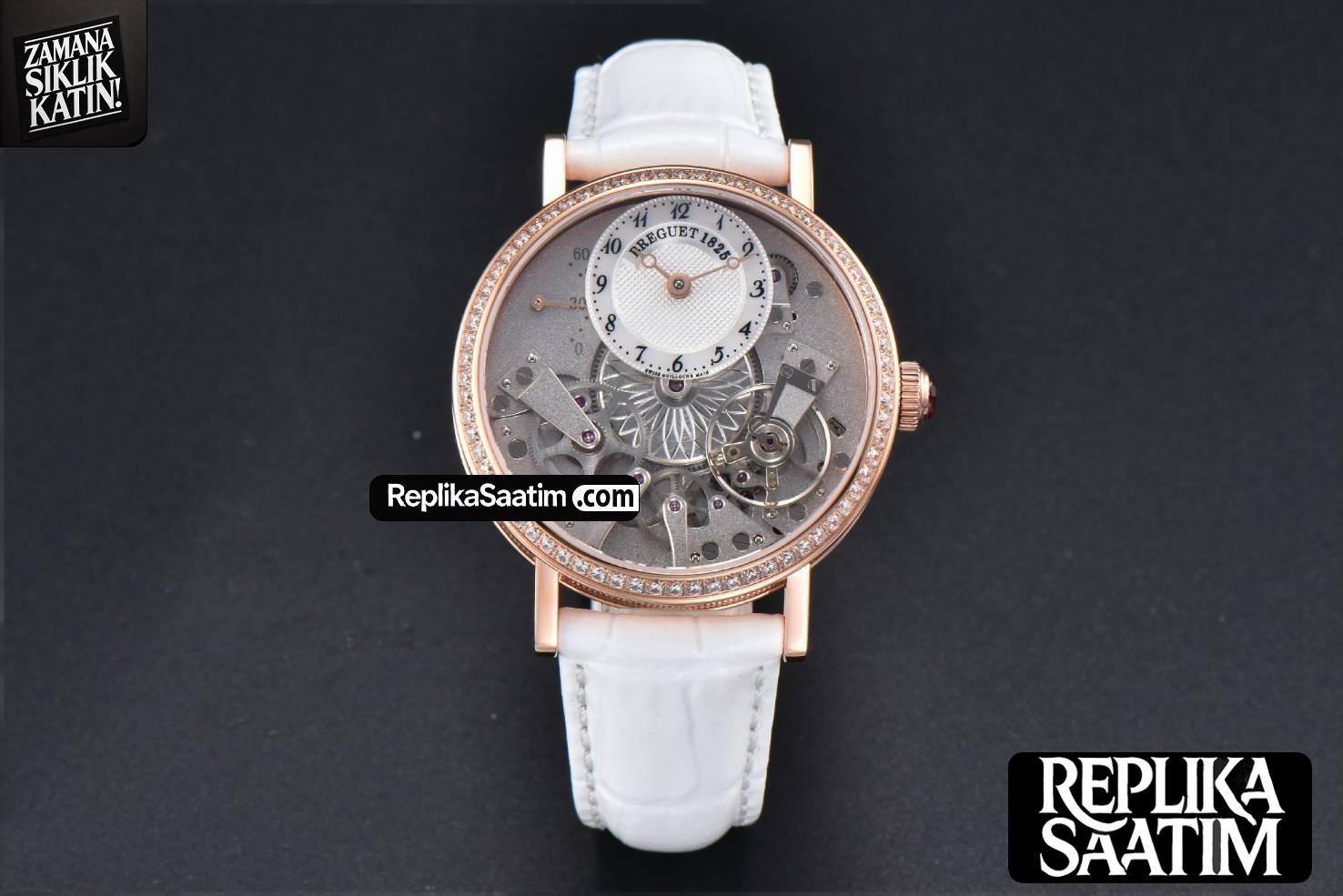 Tradition 7038BR RG ZF 40MM Diamond Gray Dial Silver Subdial White Leather Strap A505 -01
