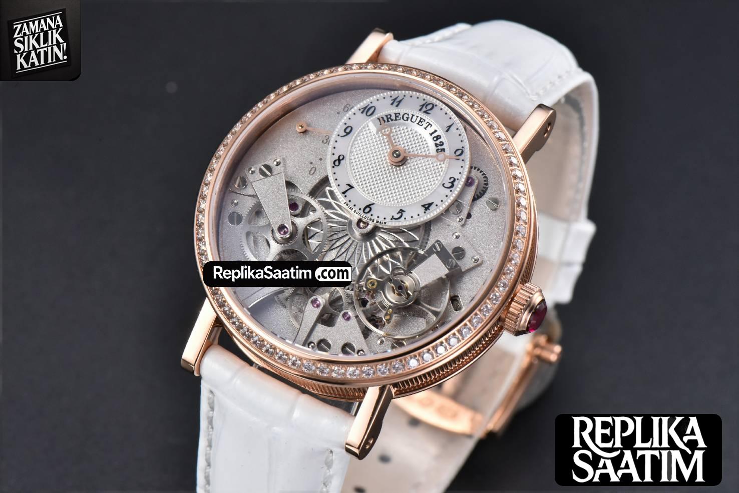 Tradition 7038BR RG ZF 40MM Diamond Gray Dial Silver Subdial White Leather Strap A505 -02