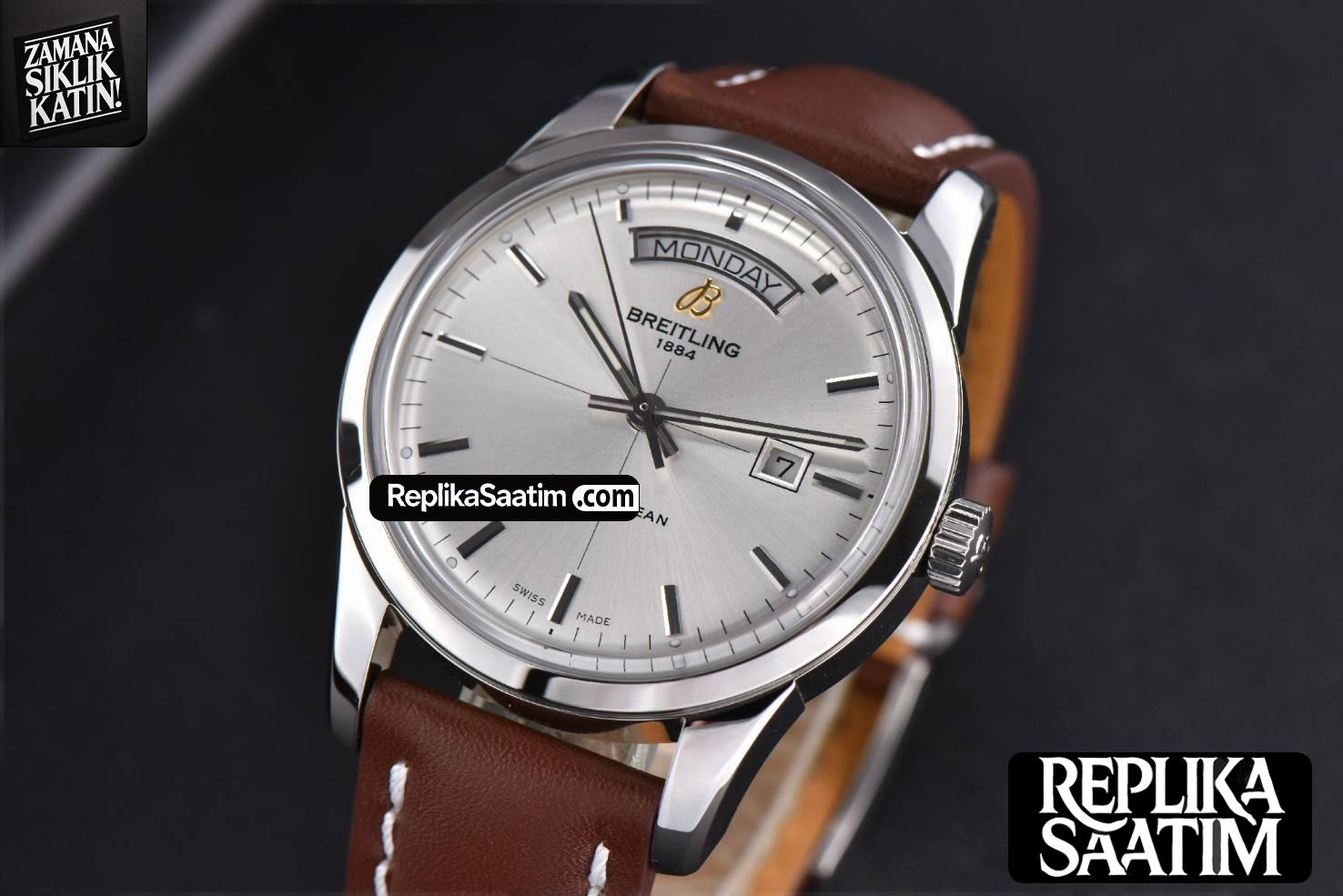 Transocean Day & Date V7F 43MM Silver Dial Brown Leather Strap Clone CA145 -04